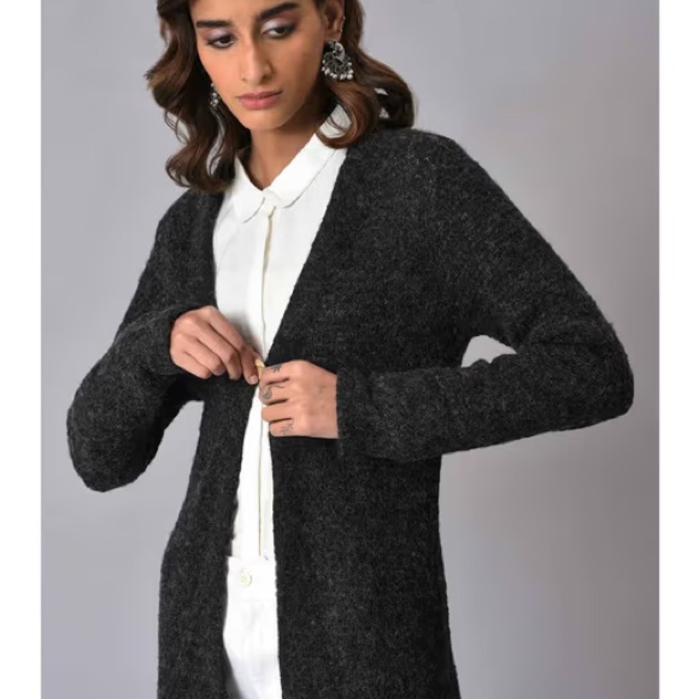 J. McLaughlin Long Wool Fuzzy Button Up Cardigan - Heather Black, Small